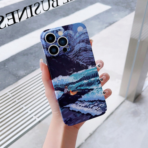 iPhone 14 Pro Max Precise Hole Oil Painting Pattern PC Phone Case - Sea Wave