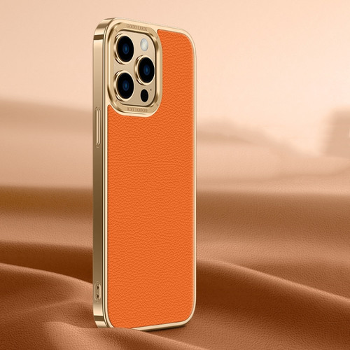 iPhone 14 Pro Max Litchi Texture Genuine Leather Phone Case - Orange