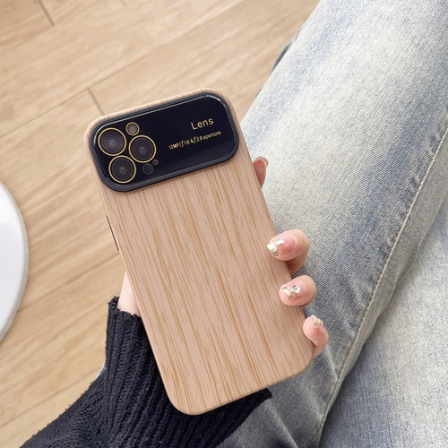 iPhone 14 Pro Max Wood Grain TPU Phone Case with Lens Film - Khaki