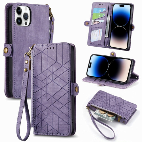iPhone 14 Pro Max Geometric Zipper Wallet Side Buckle Leather Phone Case - Purple
