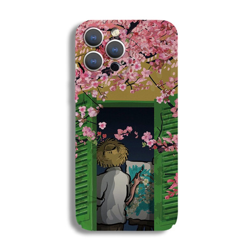 iPhone 14 Pro Max Precise Hole Oil Painting Pattern PC Phone Case - Peach Blossom