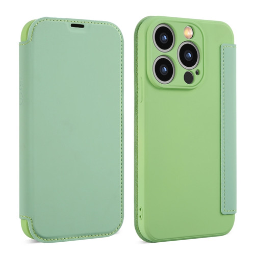 iPhone 14 Pro Max Imitate Liquid Skin Feel Leather Phone Case with Card Slots - Tea Green
