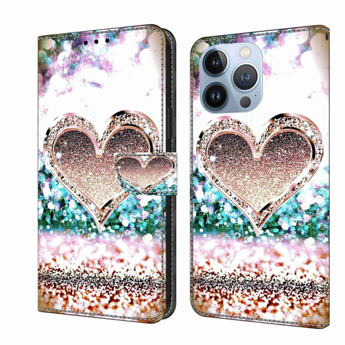 iPhone 14 Pro Max Crystal 3D Shockproof Protective Leather Phone Case - Pink Diamond Heart