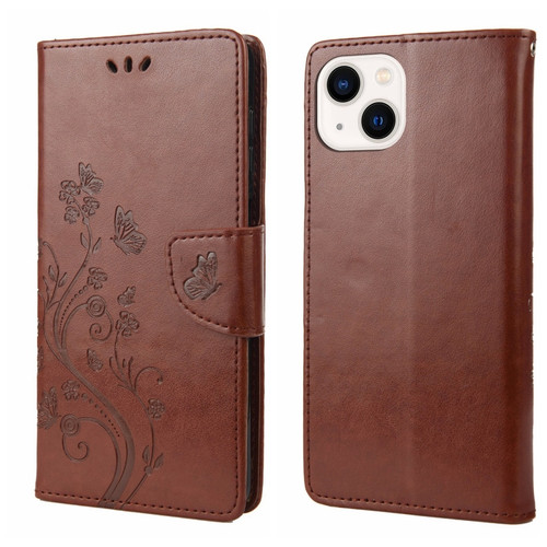 iPhone 14 Butterfly Flower Pattern Flip Leather Phone Case  - Brown