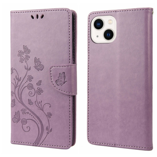iPhone 14 Butterfly Flower Pattern Flip Leather Phone Case  - Light Purple
