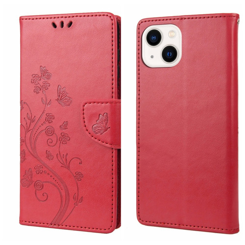 iPhone 14 Butterfly Flower Pattern Flip Leather Phone Case  - Red