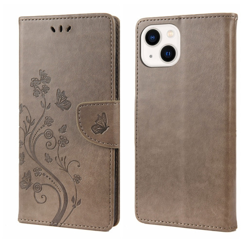 iPhone 14 Butterfly Flower Pattern Flip Leather Phone Case  - Grey