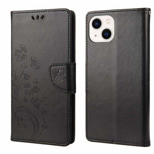 iPhone 14 Butterfly Flower Pattern Flip Leather Phone Case  - Black