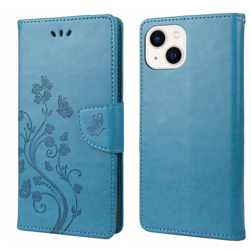 iPhone 14 Butterfly Flower Pattern Flip Leather Phone Case  - Blue