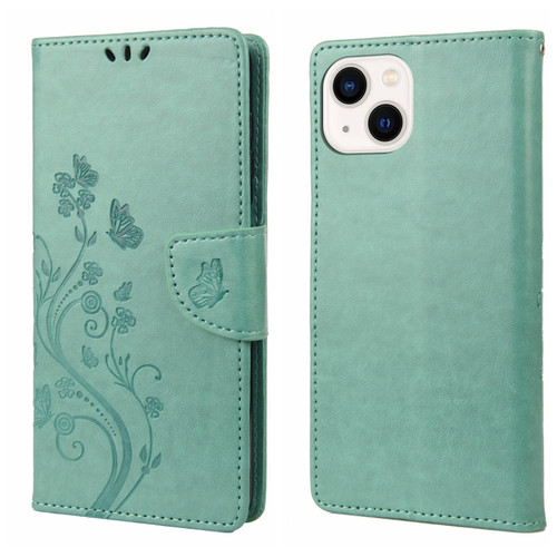 iPhone 14 Butterfly Flower Pattern Flip Leather Phone Case  - Green