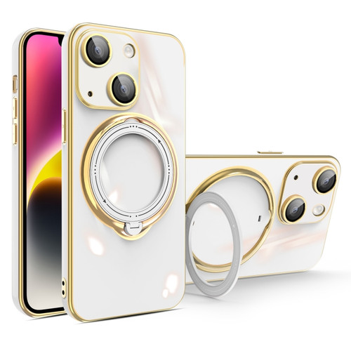 iPhone 14 Multifunction Electroplating MagSafe Holder Phone Case - White