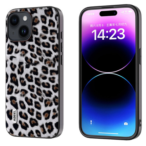 iPhone 14 ABEEL Black Edge Leopard Phone Case - Silver Leopard