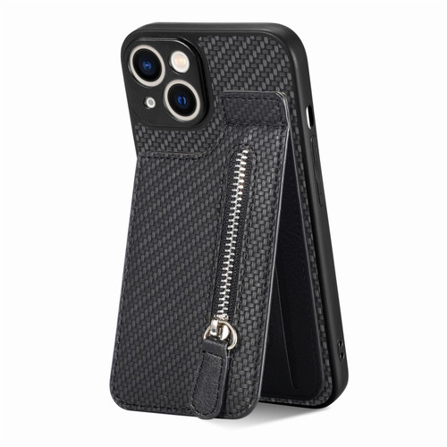 iPhone 14 Carbon Fiber Vertical Flip Zipper Phone Case - Black