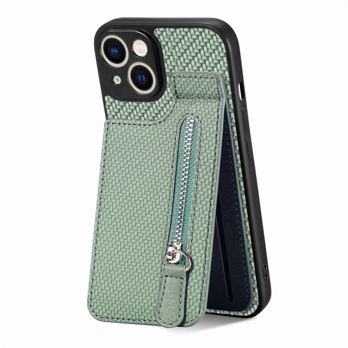 iPhone 14 Carbon Fiber Vertical Flip Zipper Phone Case - Green