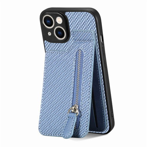 iPhone 14 Carbon Fiber Vertical Flip Zipper Phone Case - Blue