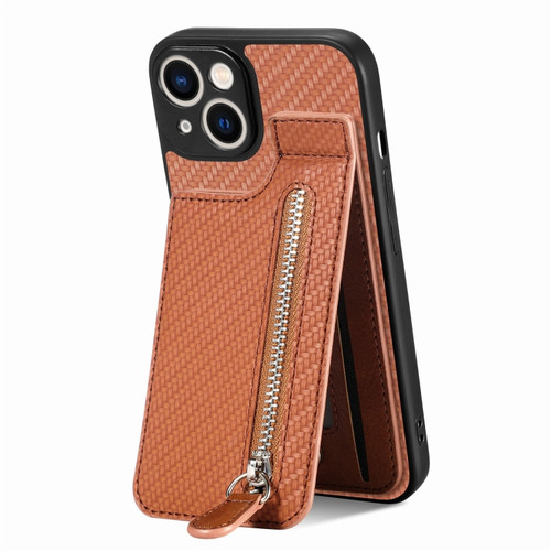 iPhone 14 Carbon Fiber Vertical Flip Zipper Phone Case - Brown