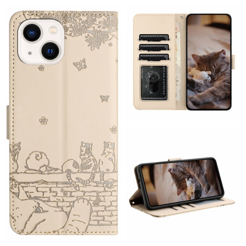 iPhone 14 Cat Embossing Pattern Leather Phone Case with Lanyard - Beige