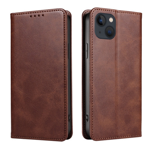 iPhone 14 Calf Texture Magnetic Flip Leather Phone Case  - Brown