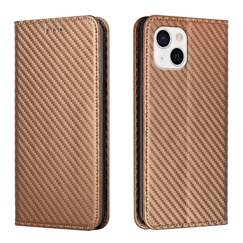 iPhone 14 Carbon Fiber Texture Magnetic Flip Leather Phone Case  - Brown