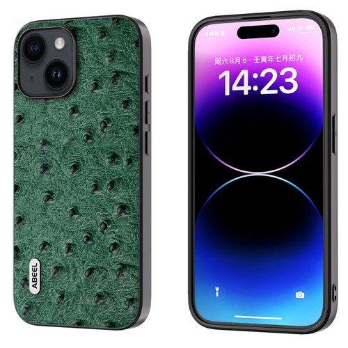 iPhone 14 ABEEL Genuine Leather Ostrich Texture Phone Case - Green