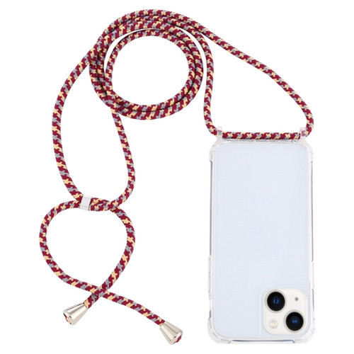 iPhone 14 Transparent Acrylic Airbag Shockproof Phone Protective Case with Lanyard  - Red Apricot Grey Rough Grain