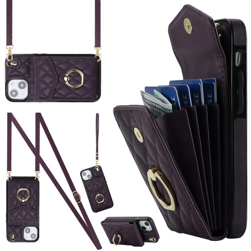 iPhone 14 Rhombic Texture Card Bag Phone Case with Long Lanyard - Dark Purple