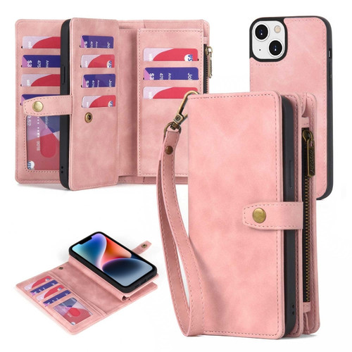 iPhone 14 Zipper Wallet Detachable MagSafe Leather Phone Case - Pink