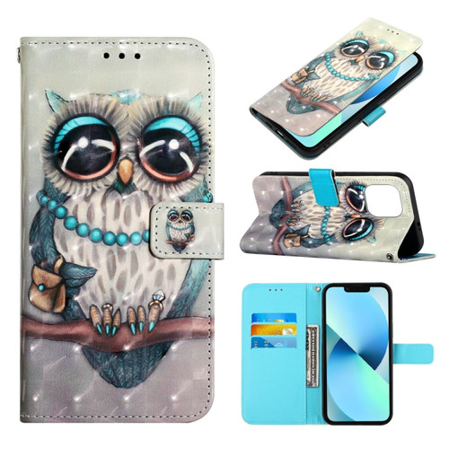 iPhone 14 3D Painting Horizontal Flip Leather Phone Case  - Grey Owl