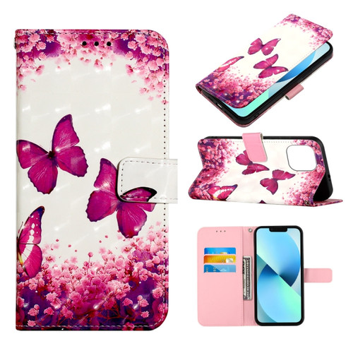 iPhone 14 3D Painting Horizontal Flip Leather Phone Case  - Rose Butterfly