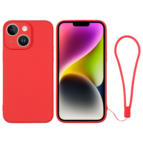 iPhone 14 Silicone Phone Case with Wrist Strap - Red
