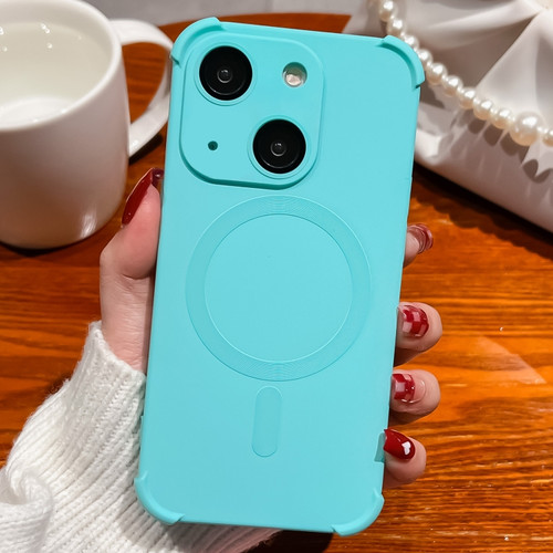 iPhone 14 Four-corner Shockproof Skin Feel MagSafe Magnetic Phone Case - Cyan Blue