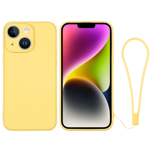 iPhone 14 Silicone Phone Case with Wrist Strap - Yellow