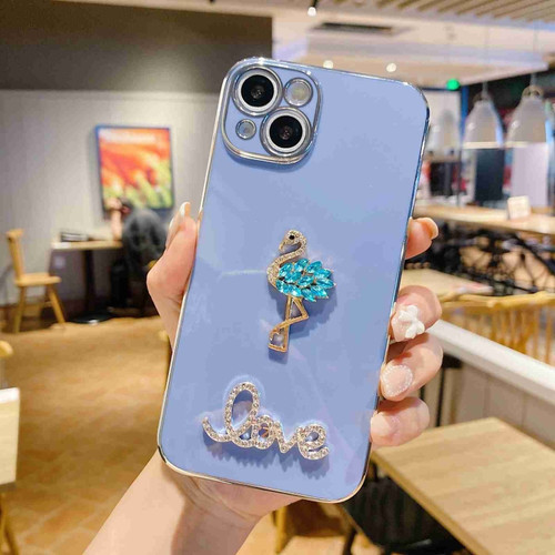 iPhone 14 Electroplated Rhinestone Flamingo Phone Case - Blue