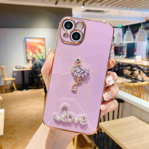 iPhone 14 Electroplated Rhinestone Flamingo Phone Case - Purple