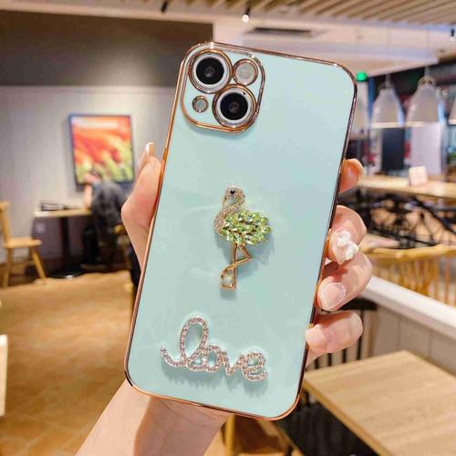 iPhone 14 Electroplated Rhinestone Flamingo Phone Case - Green