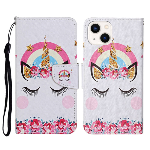 iPhone 14 3D Colored Drawing Flip Leather Phone Case  - Crown Unicorn