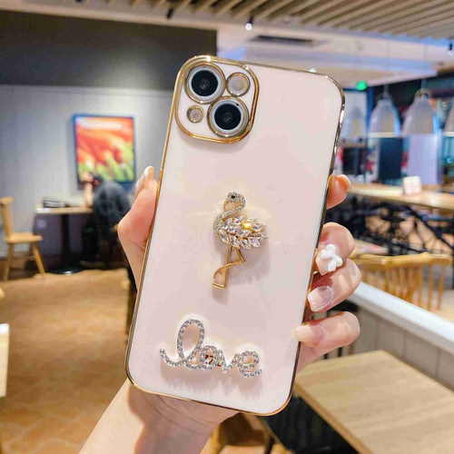 iPhone 14 Electroplated Rhinestone Flamingo Phone Case - Pink