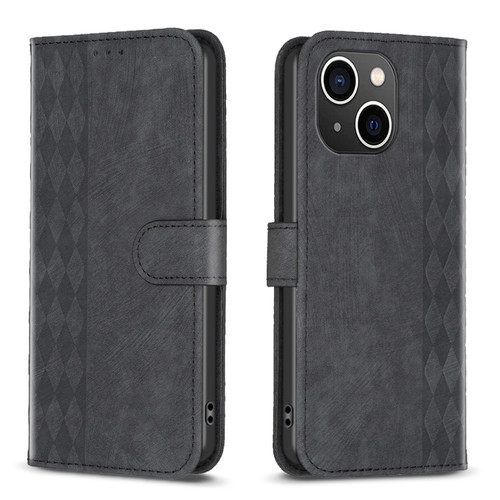 iPhone 14 Plaid Embossed Leather Phone Case - Black