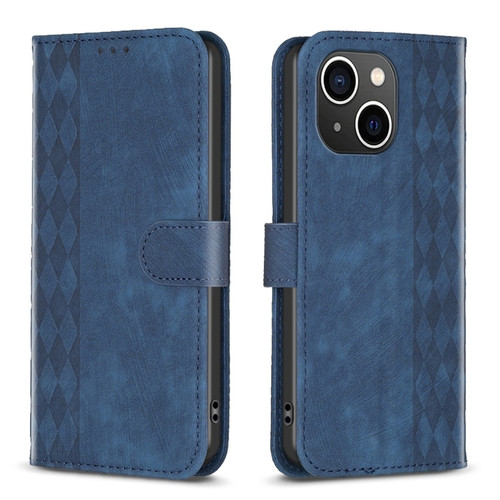 iPhone 14 Plaid Embossed Leather Phone Case - Blue