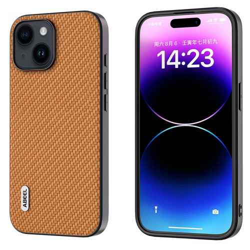 iPhone 14 ABEEL Carbon Fiber Texture Protective Phone Case - Light Brown