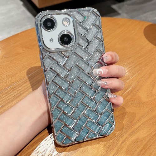 iPhone 14 Woven Grid 3D Electroplating Laser Engraving Glitter Paper Phone Case - Silver