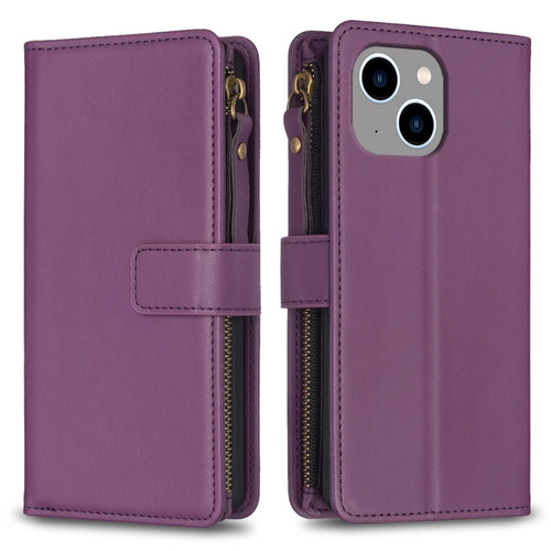 iPhone 14 / 13 9 Card Slots Zipper Wallet Leather Flip Phone Case - Dark Purple