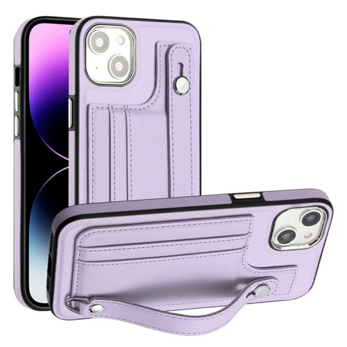 iPhone 14 Shockproof Leather Phone Case with Wrist Strap - Purple
