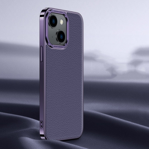 iPhone 14 / 13 Litchi Texture Genuine Leather Phone Case - Purple