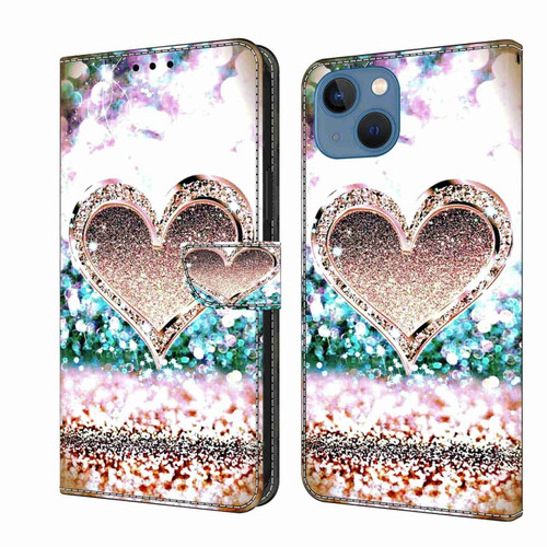 iPhone 13 / 14 Crystal 3D Shockproof Protective Leather Phone Case - Pink Diamond Heart