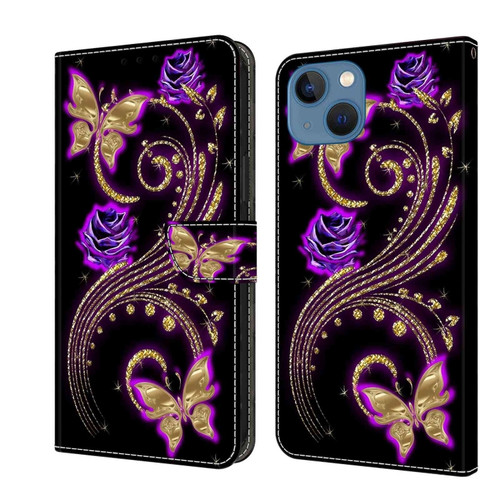 iPhone 13 / 14 Crystal 3D Shockproof Protective Leather Phone Case - Purple Flower Butterfly