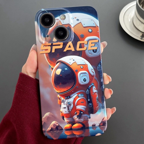 iPhone 14 Painted Pattern Precise Hole PC Phone Case - Orange Astronaut