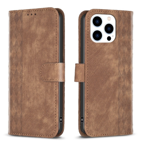iPhone 14 Pro Plaid Embossed Leather Phone Case - Brown
