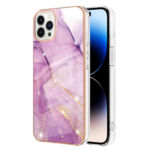 iPhone 14 Pro Electroplating Marble Pattern Dual-side IMD TPU Shockproof Phone Case - Purple 001