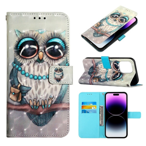 iPhone 14 Pro 3D Painting Horizontal Flip Leather Phone Case - Grey Owl